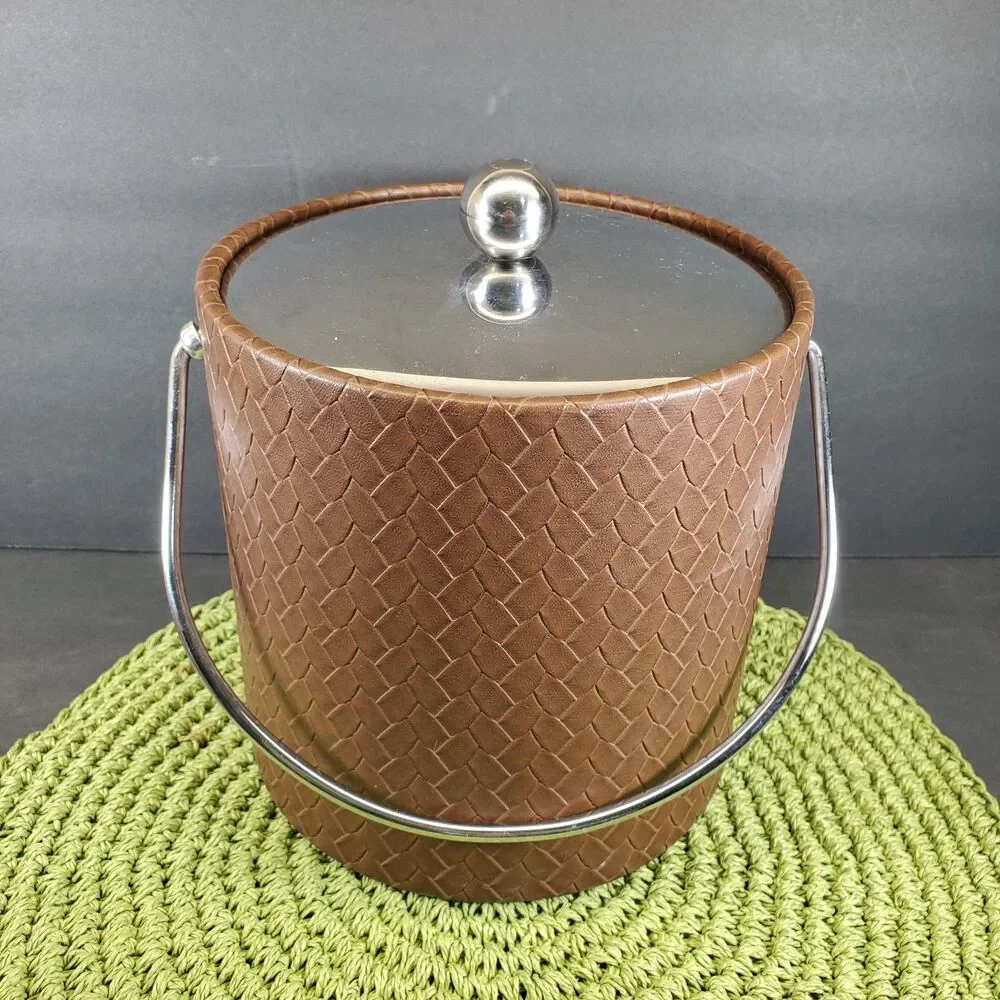 Vintage Kraftware Ice Bucket Brown Woven 7.5″ × 7.5″ Barware Cooler